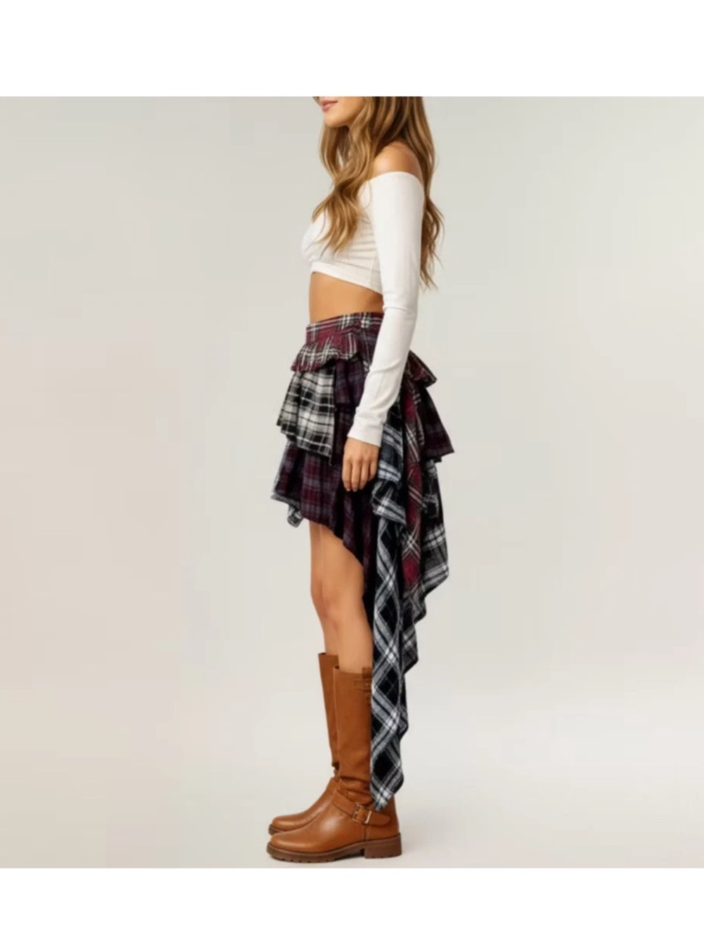 Anna-Kaci Women Asymmetric Plaid Mini Skirt with Layered Ruffle Details M - Picture 7 of 8